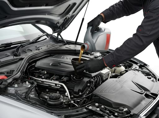 Technician pouring high-grade synthetic engine oil into vehicle during scheduled periodic service